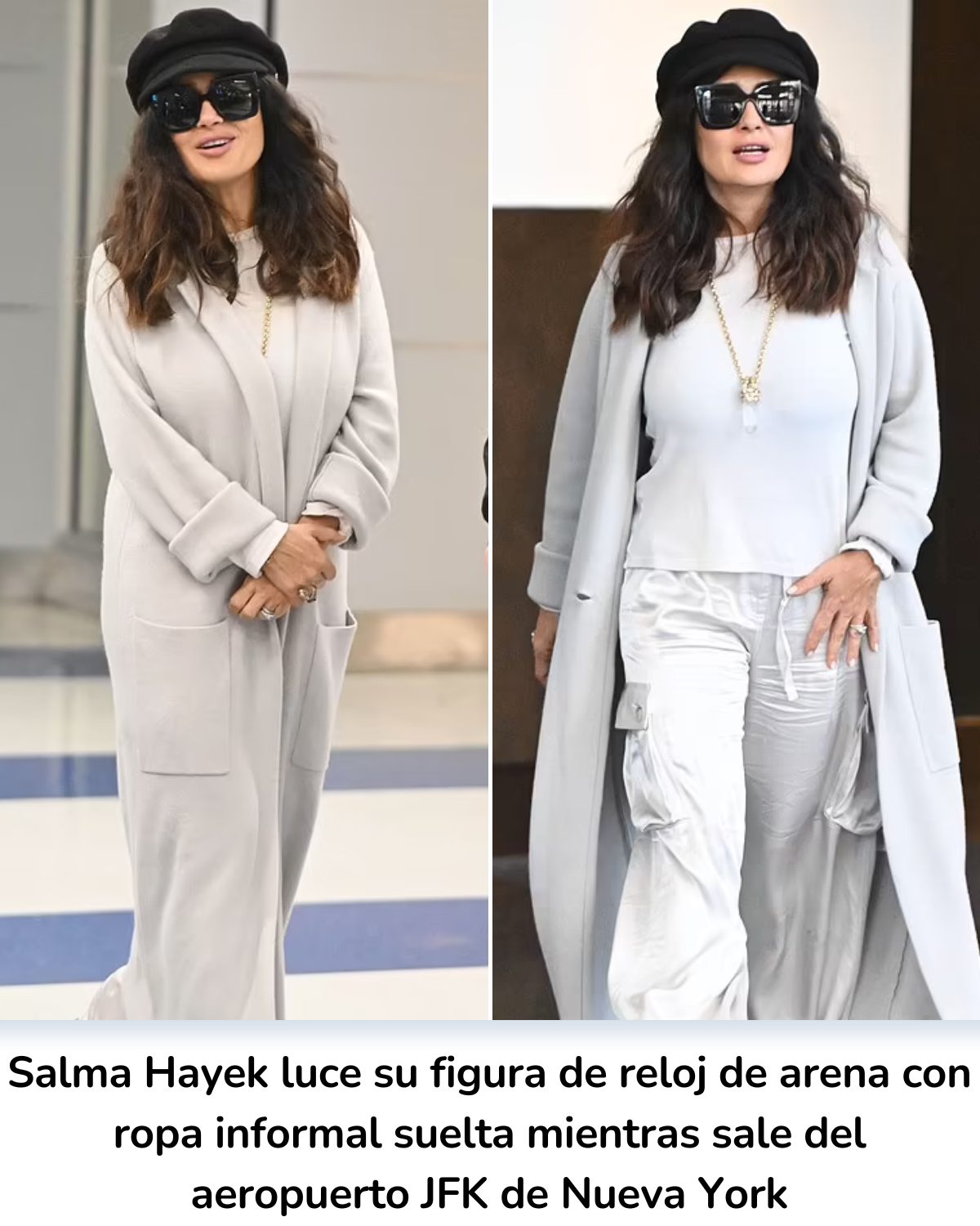 Cover Image for Salma Hayek luce su figura de reloj de arena con ropa informal suelta mientras sale del aeropuerto JFK de Nueva York